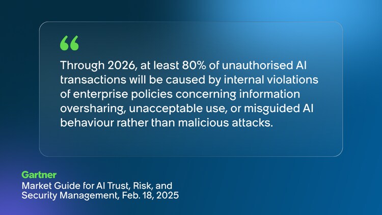 Through 2026, at least 80% of unauthorised Al transactions will be caused by internal violations of enterprise policies concerning information oversharing, unacceptable use, or misguided Al behaviour rather than malicious attacks. Gartner Market Guide for Al Trust, Risk, and Security Management, Feb. 18, 2025